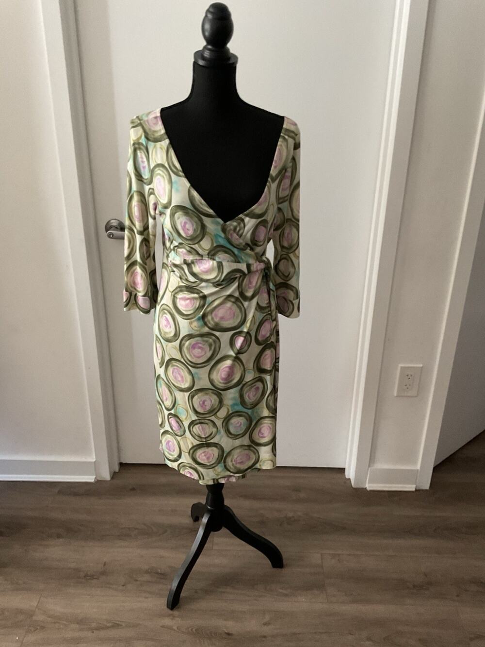 R.E.D. Valentino Sheath Dress 8 Abstract Green Purple Knit Viscose Long Sleeve